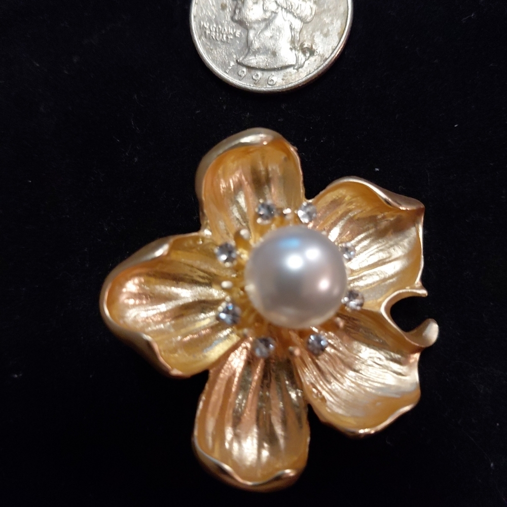 Magnolia Goldtone  Flower Brooch with Pearl Center